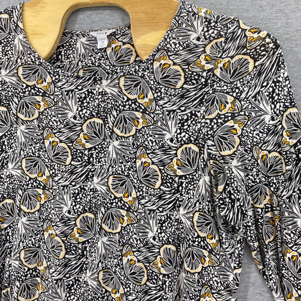 Intro Stretch Woman Butterfly Floral Print 3/4 Sleeve V‎ Neck Top Plus Size 2X - Picture 2 of 6